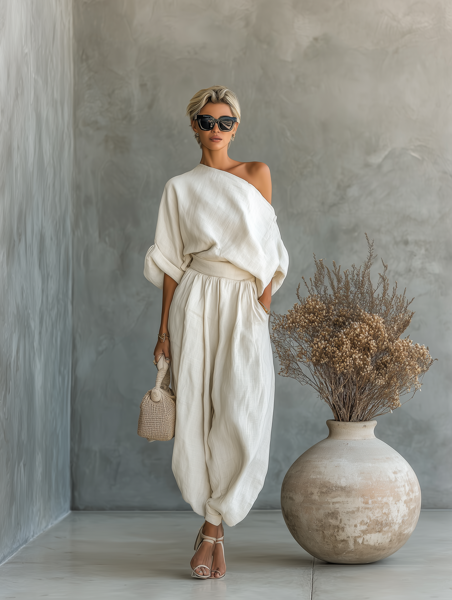 Julia - Boho 2-Delige Linnen Set Dames met Blote Schouder en Wijde Broek