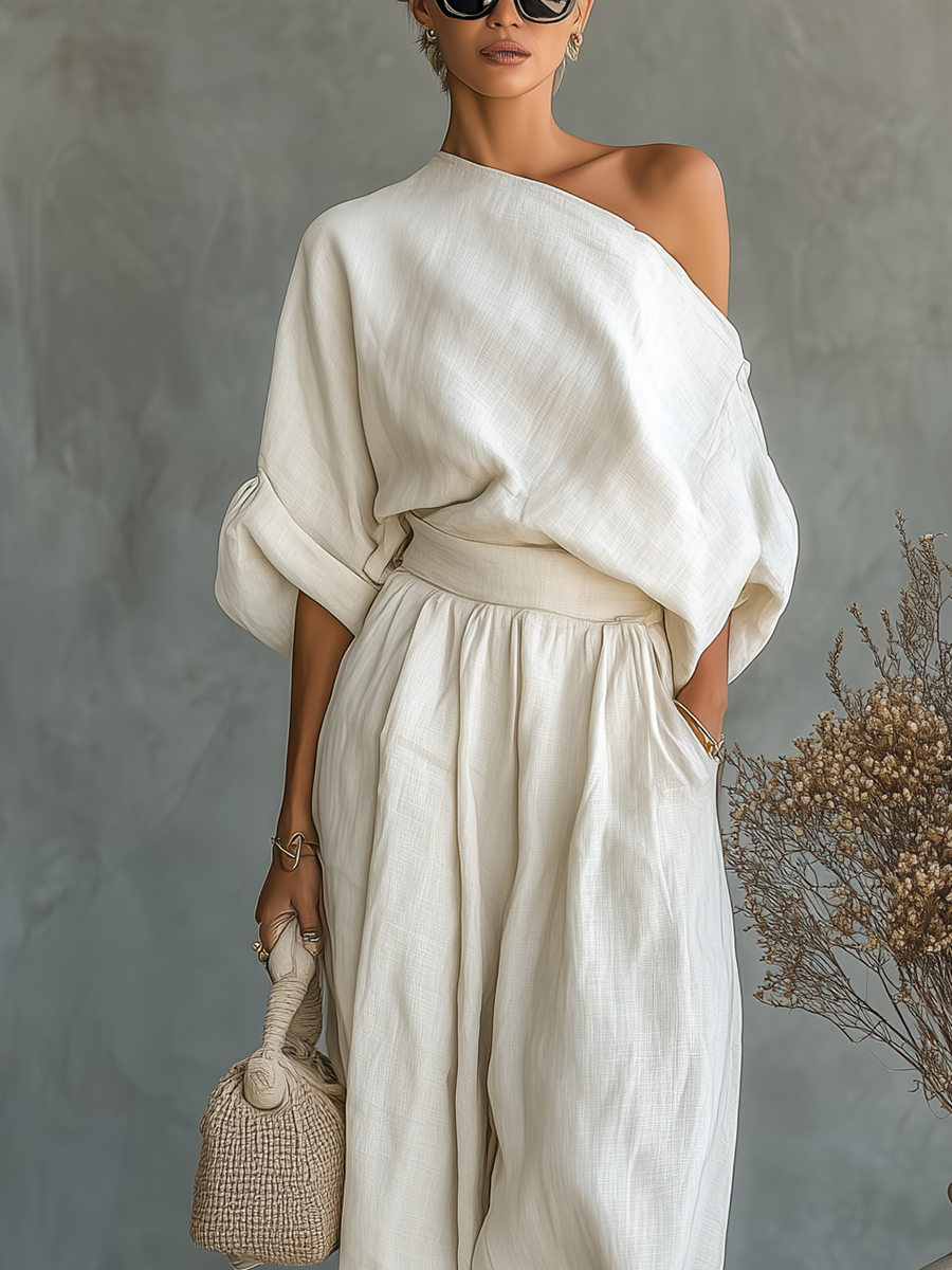 Julia - Boho 2-Delige Linnen Set Dames met Blote Schouder en Wijde Broek