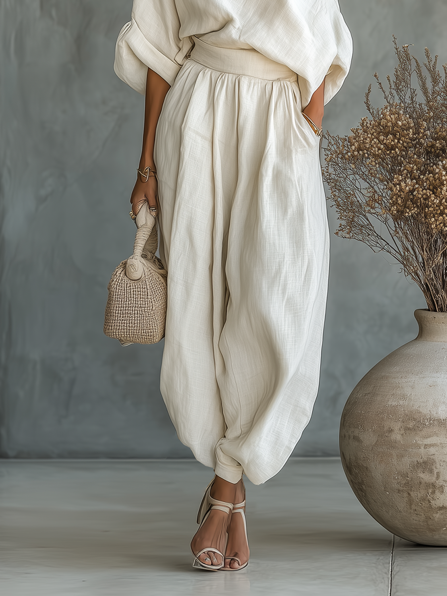 Julia - Boho 2-Delige Linnen Set Dames met Blote Schouder en Wijde Broek