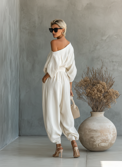 Julia - Boho 2-Delige Linnen Set Dames met Blote Schouder en Wijde Broek