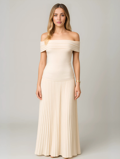 Julia - Elegante Bruiloft Gastenjurk Dames met Off Shoulder en Geplooide Maxi Rok