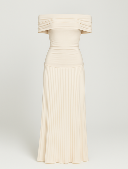 Julia - Elegante Bruiloft Gastenjurk Dames met Off Shoulder en Geplooide Maxi Rok