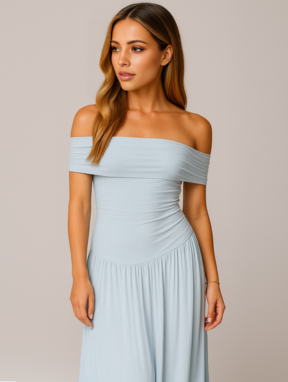 Julia - Elegante Bruiloft Gastenjurk Dames met Off Shoulder en Geplooide Maxi Rok