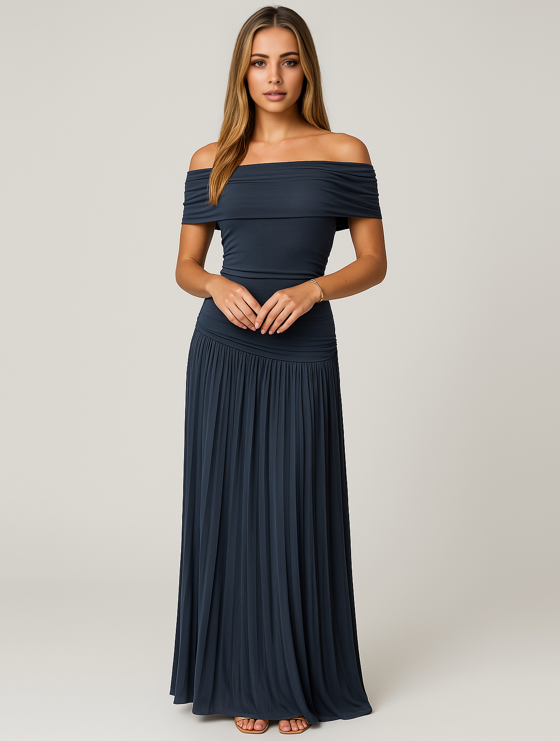 Julia - Elegante Bruiloft Gastenjurk Dames met Off Shoulder en Geplooide Maxi Rok