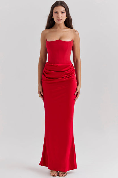 Julia - Elegante Bruiloft Gastenjurk Dames met Strapless Corset en Gedrapeerde Maxi-rok