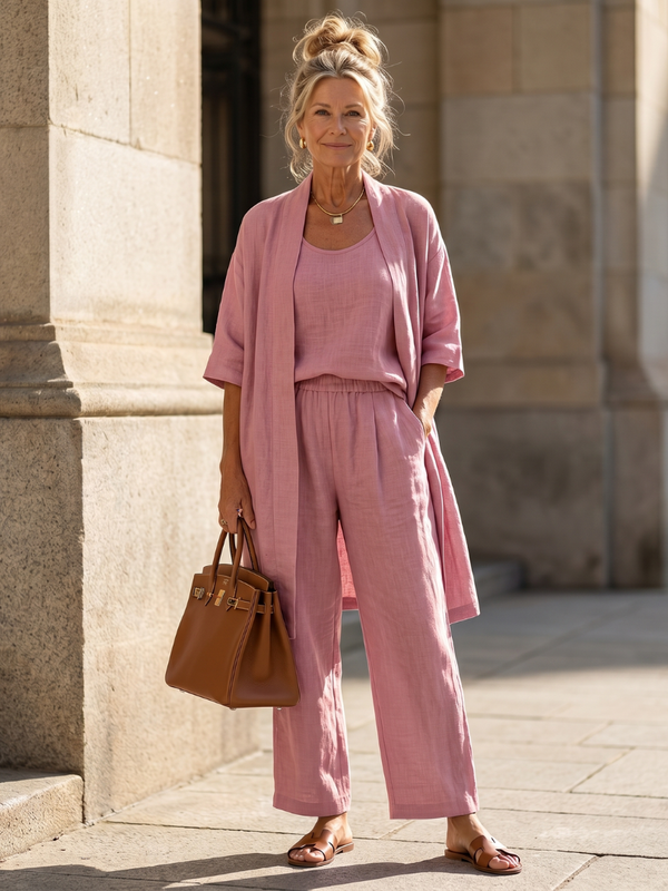 Julia - Elegante Linnen 3-Delige Set Dames met Longline Cardigan en Wijde Broek