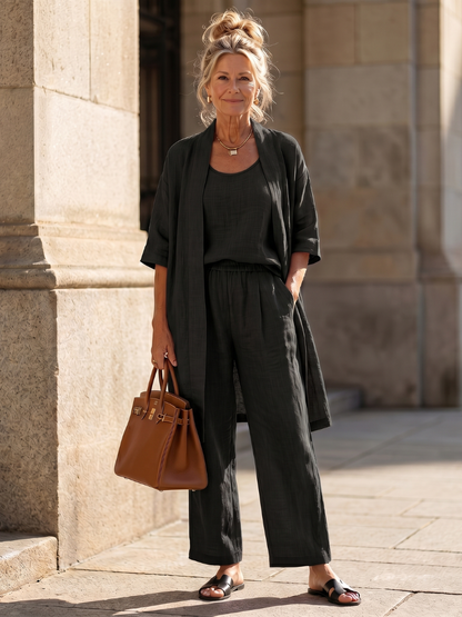 Julia - Elegante Linnen 3-Delige Set Dames met Longline Cardigan en Wijde Broek