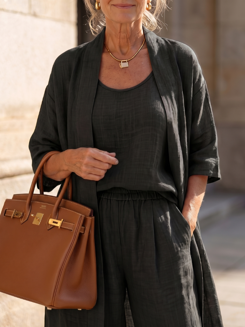 Julia - Elegante Linnen 3-Delige Set Dames met Longline Cardigan en Wijde Broek