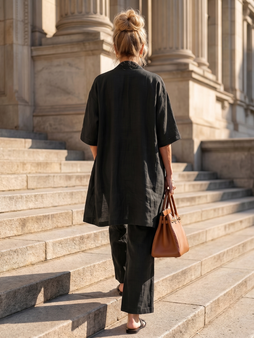 Julia - Elegante Linnen 3-Delige Set Dames met Longline Cardigan en Wijde Broek