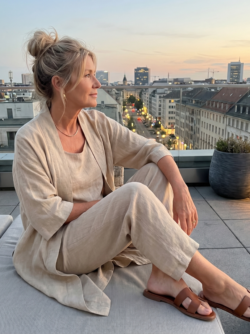 Julia - Elegante Linnen 3-Delige Set Dames met Longline Cardigan en Wijde Broek