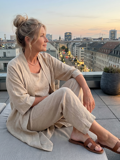 Julia - Elegante Linnen 3-Delige Set Dames met Longline Cardigan en Wijde Broek