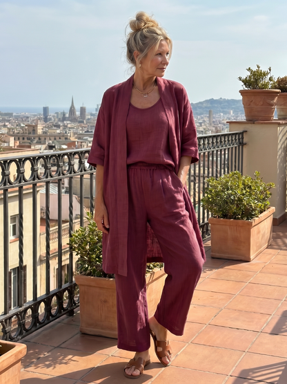 Julia - Elegante Linnen 3-Delige Set Dames met Longline Cardigan en Wijde Broek