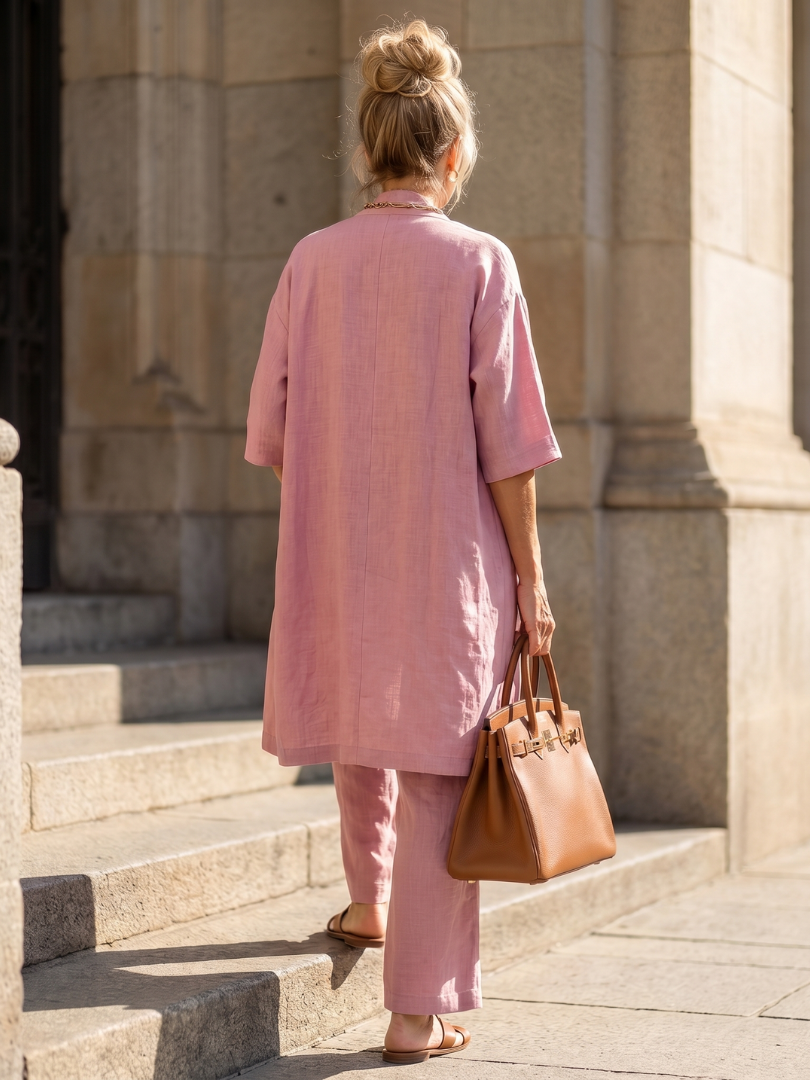 Julia - Elegante Linnen 3-Delige Set Dames met Longline Cardigan en Wijde Broek
