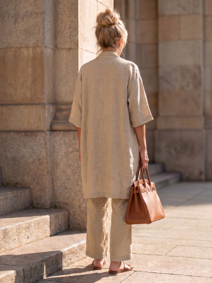 Julia - Elegante Linnen 3-Delige Set Dames met Longline Cardigan en Wijde Broek