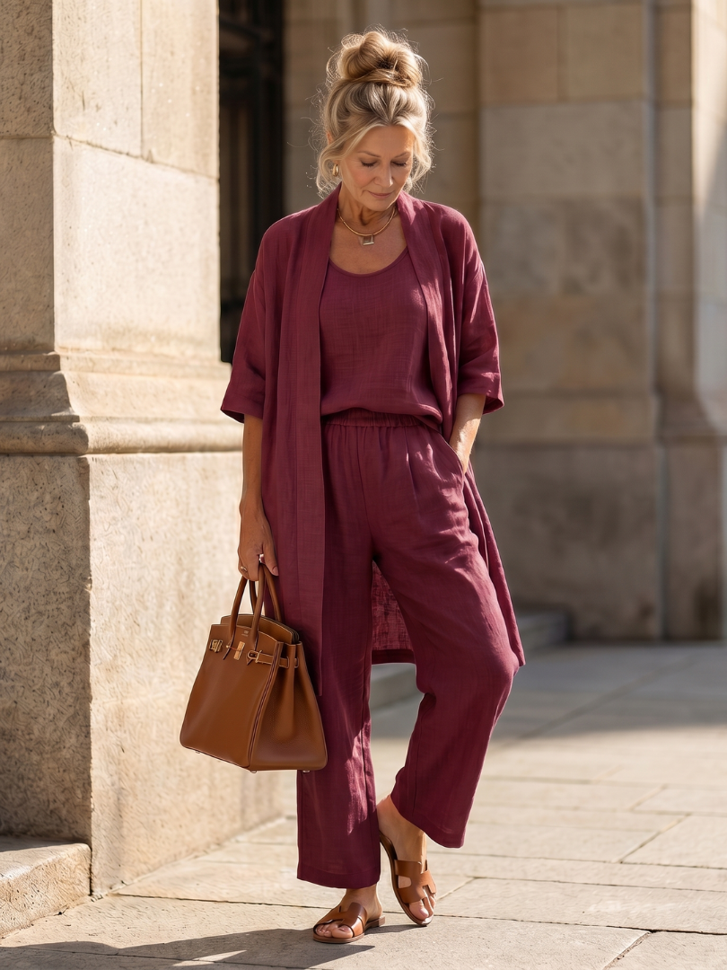 Julia - Elegante Linnen 3-Delige Set Dames met Longline Cardigan en Wijde Broek