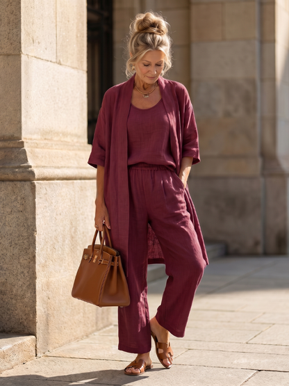 Julia - Elegante Linnen 3-Delige Set Dames met Longline Cardigan en Wijde Broek