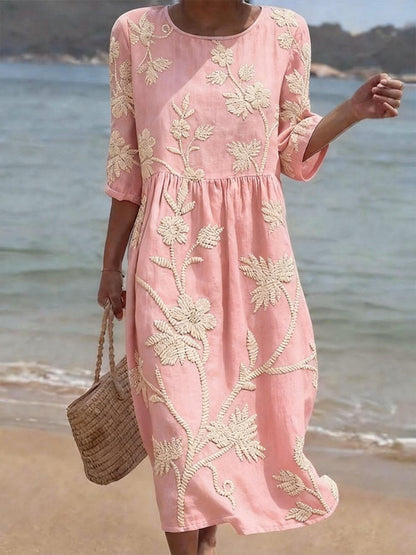 Julia - Elegante Linnen Damesjurk met Geborduurde Bloemen en Geplooide Taille