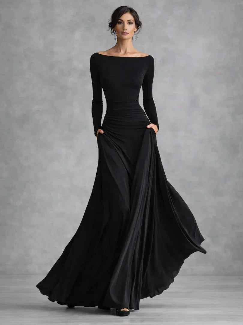 Julia - Elegante Maxi Jurk Dames met Boothals en Vloeiende Rok met Lange Mouwen