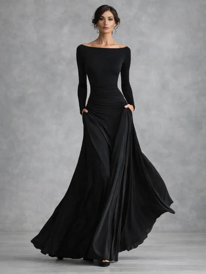 Julia - Elegante Maxi Jurk Dames met Boothals en Vloeiende Rok met Lange Mouwen