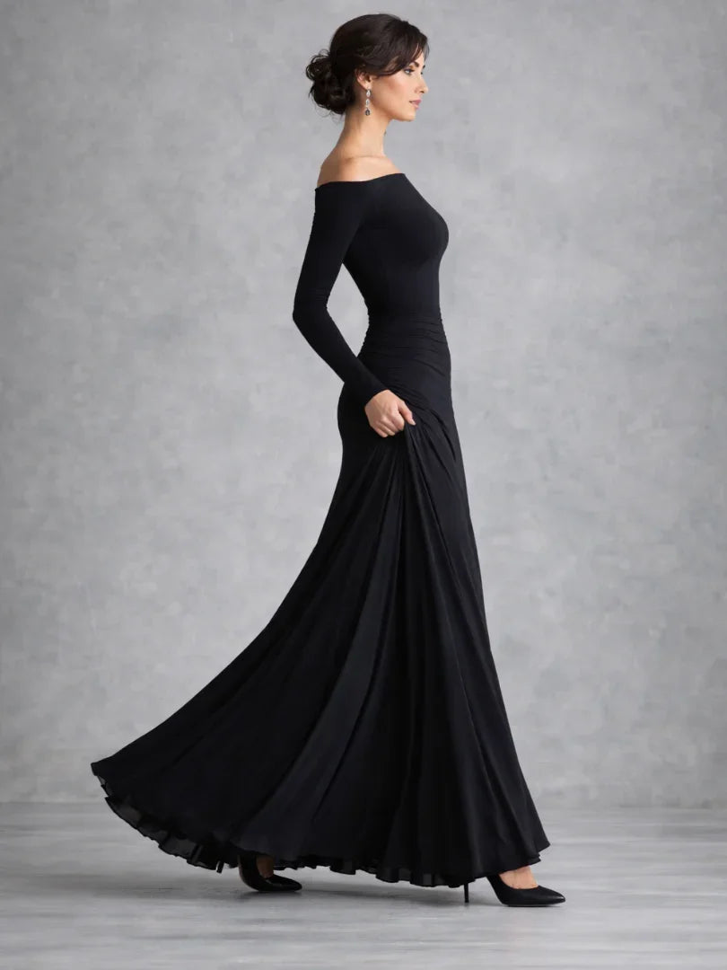 Julia - Elegante Maxi Jurk Dames met Boothals en Vloeiende Rok met Lange Mouwen