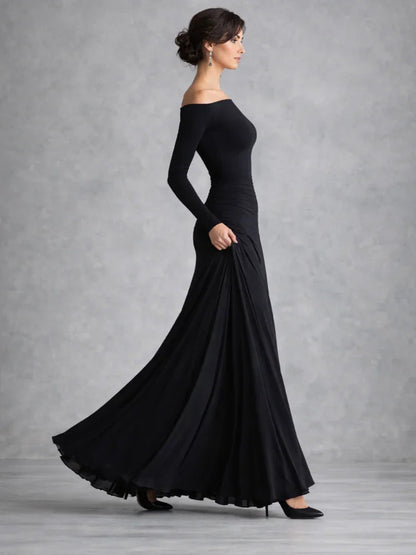 Julia - Elegante Maxi Jurk Dames met Boothals en Vloeiende Rok met Lange Mouwen