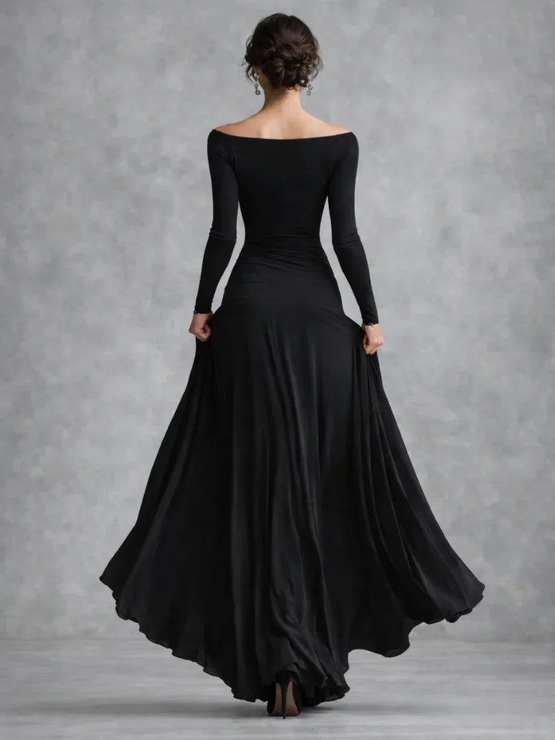 Julia - Elegante Maxi Jurk Dames met Boothals en Vloeiende Rok met Lange Mouwen