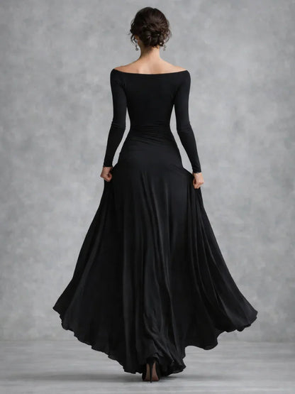 Julia - Elegante Maxi Jurk Dames met Boothals en Vloeiende Rok met Lange Mouwen