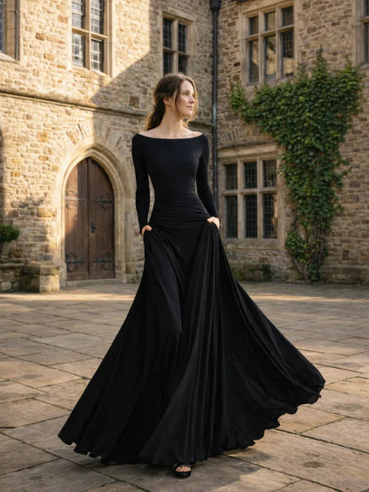Julia - Elegante Maxi Jurk Dames met Boothals en Vloeiende Rok met Lange Mouwen