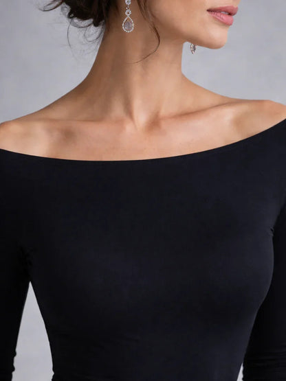 Julia - Elegante Maxi Jurk Dames met Boothals en Vloeiende Rok met Lange Mouwen