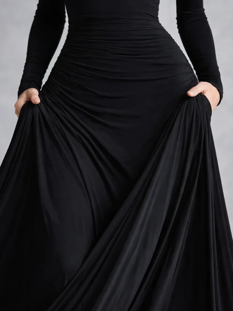 Julia - Elegante Maxi Jurk Dames met Boothals en Vloeiende Rok met Lange Mouwen