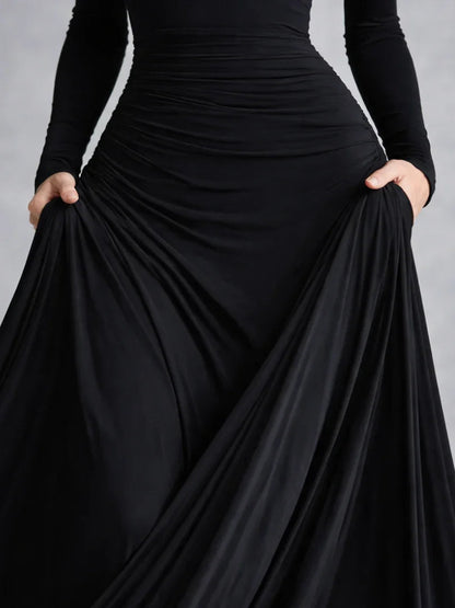 Julia - Elegante Maxi Jurk Dames met Boothals en Vloeiende Rok met Lange Mouwen