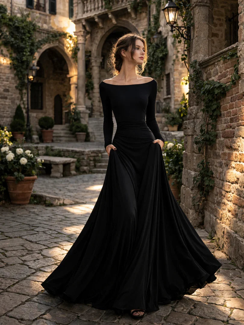 Julia - Elegante Maxi Jurk Dames met Boothals en Vloeiende Rok met Lange Mouwen