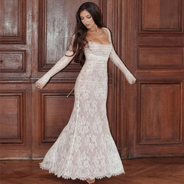 Julia - Romantische Bruiloft Gastenjurk Dames met Lange Mouwen en Mermaid Zoom