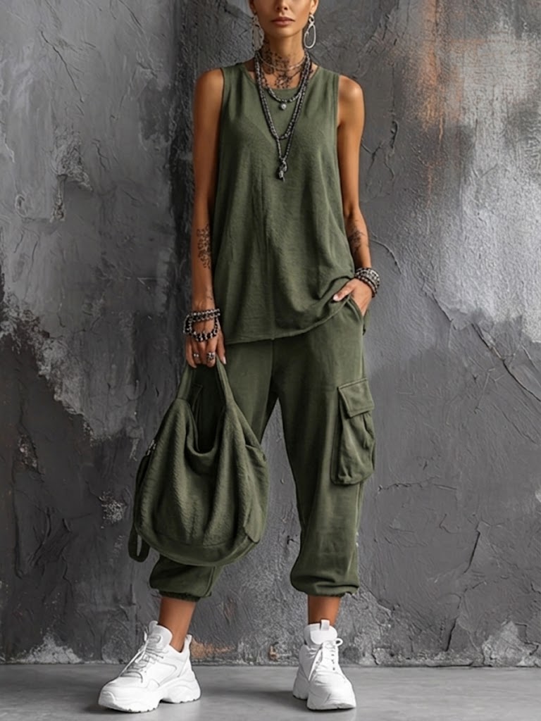 Julia - Stoere Linnen Set Dames met Oversized Top en Cargo Broek