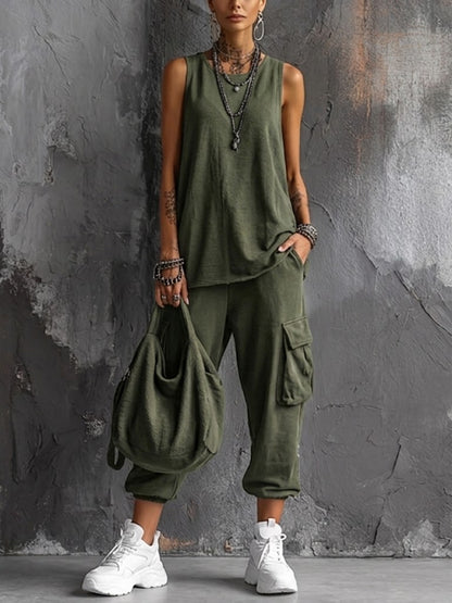 Julia - Stoere Linnen Set Dames met Oversized Top en Cargo Broek