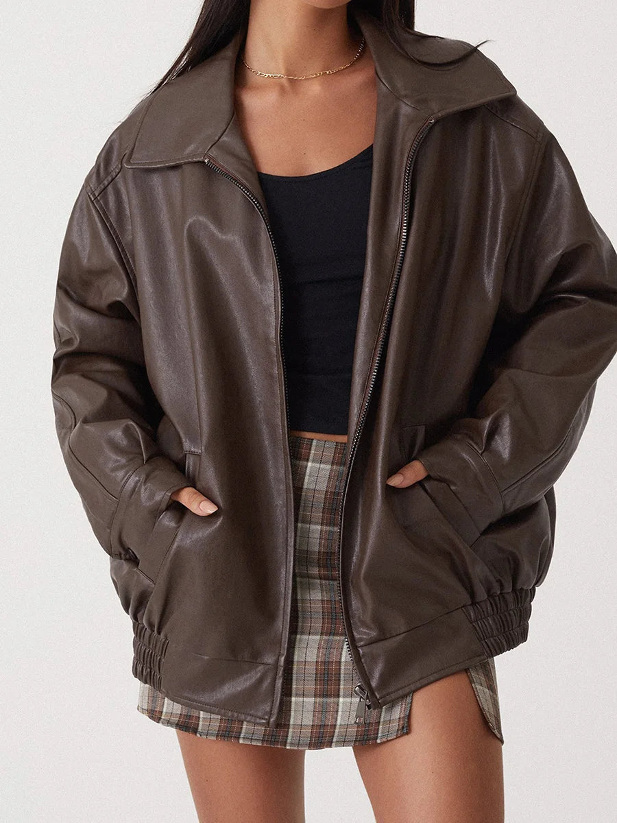 Julia - Dames Leren Stijl Jas Oversized met Ritssluiting