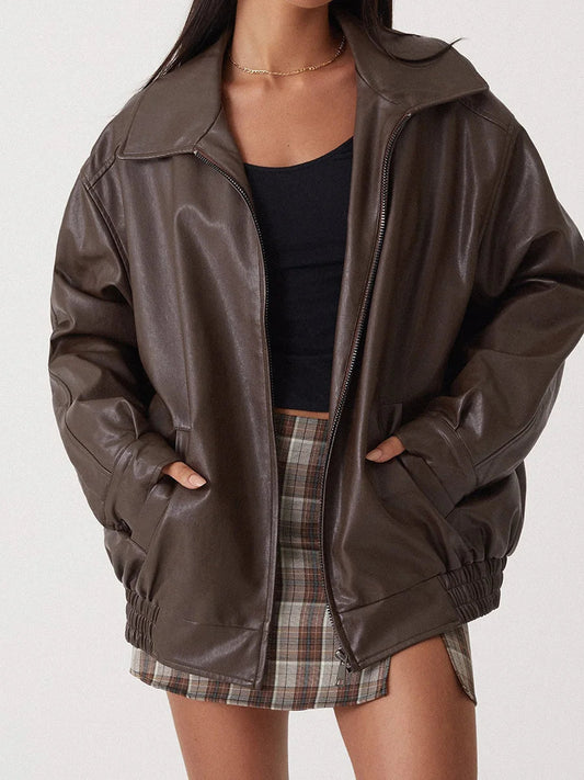 Julia - Dames Leren Stijl Jas Oversized met Ritssluiting