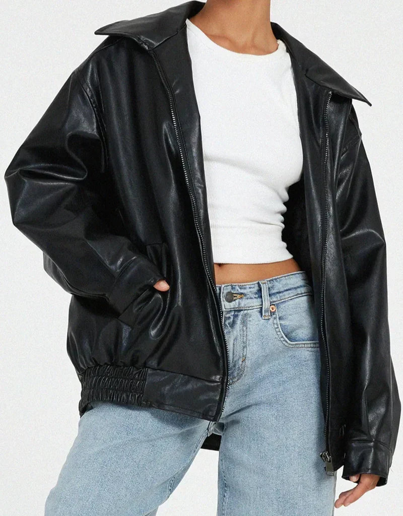 Julia - Dames Leren Stijl Jas Oversized met Ritssluiting