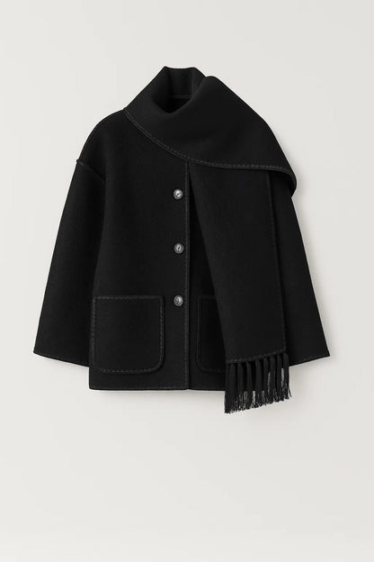 Korte Damesjas | Asymmetrisch Sjaaldetail | Elegante Afwerking met Franjes
