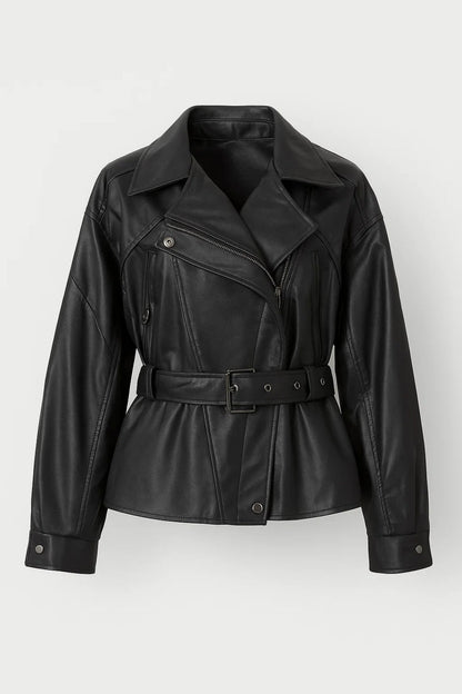 Korte Damesjas | Getailleerd Bikerdesign met Riem | Stoer en Verfijnd