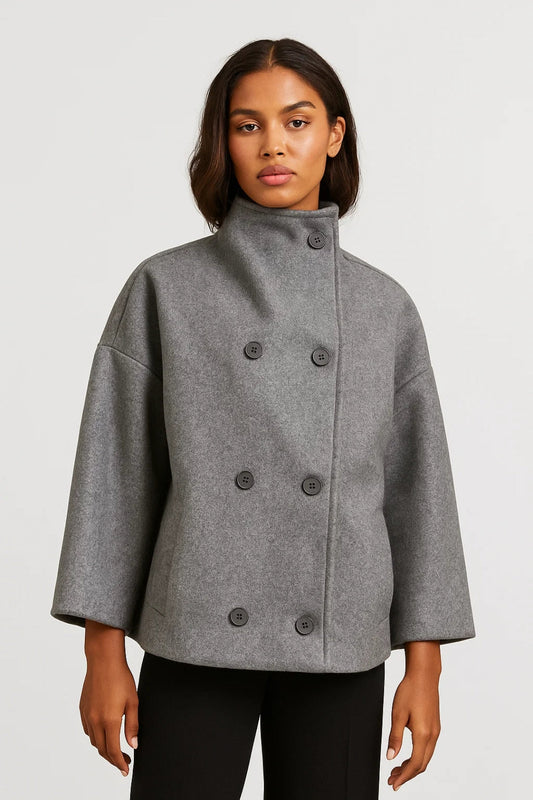 Korte Damesjas | Hoge Kraag & Double-Breasted Sluiting | Minimalistische Winterlook