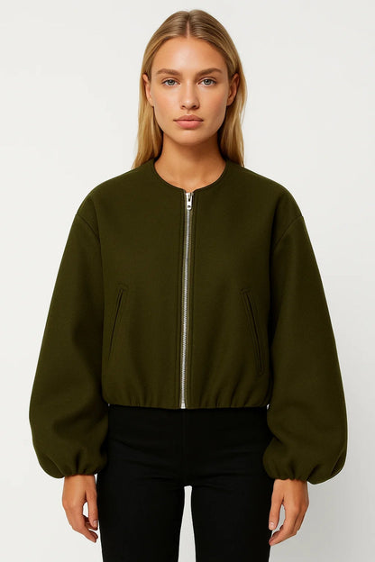 Korte Damesjas | Ritssluiting en Pofmouwen | Strakke Minimalistische Look