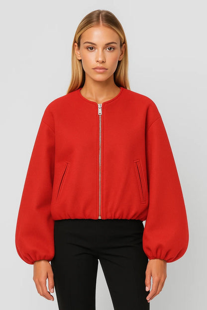 Korte Damesjas | Ritssluiting en Pofmouwen | Strakke Minimalistische Look