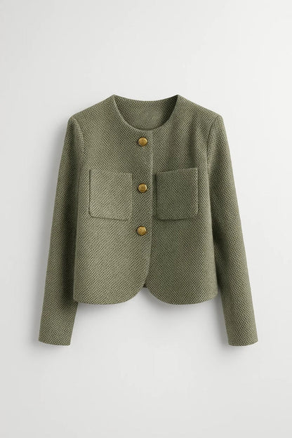 Korte Damesjas | Ronde Halslijn met Gouden Knoopsluiting | Verfijnde Look