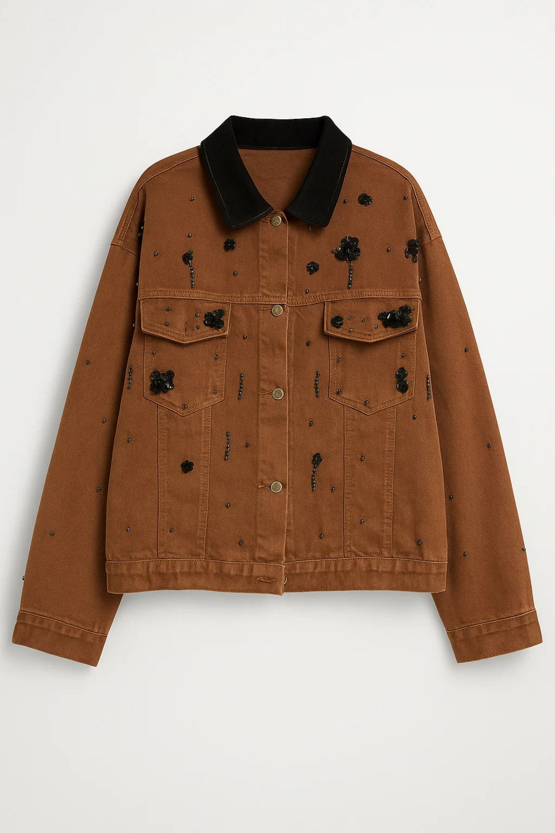 Korte Spijkerjas | Kralendecoratie & Contrastkraag | Uniek Statementstuk