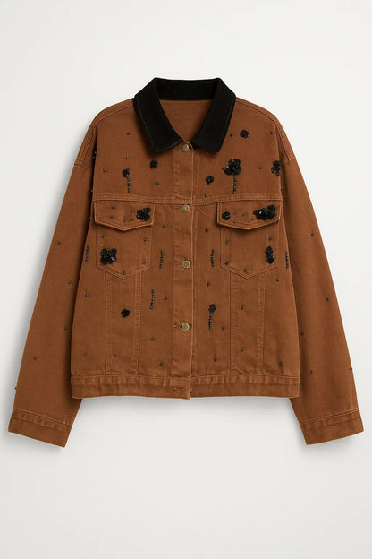 Korte Spijkerjas | Kralendecoratie & Contrastkraag | Uniek Statementstuk