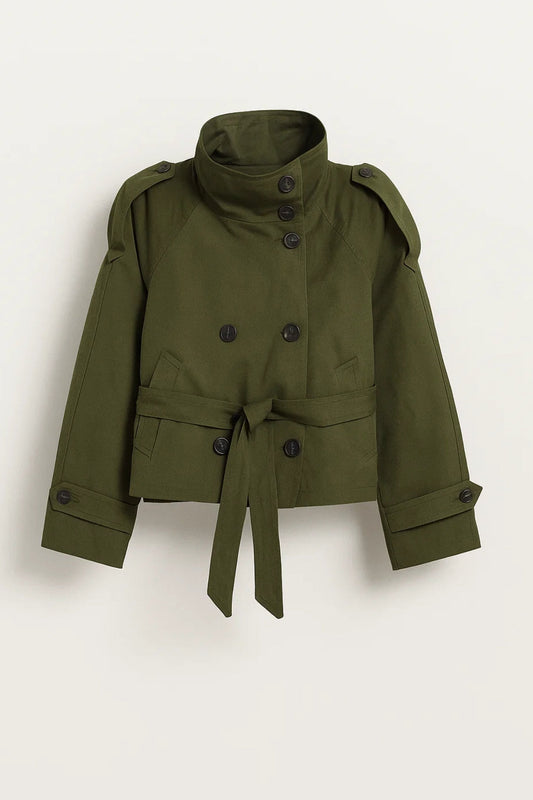 Korte Trenchcoat Dames | Hoge Kraag en Ceintuur | Stoer en Functioneel