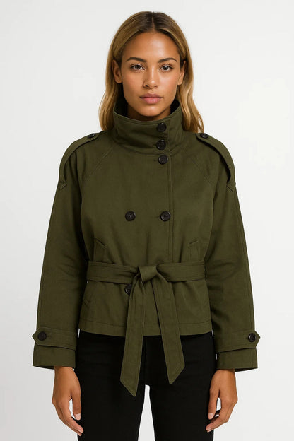 Korte Trenchcoat Dames | Hoge Kraag en Ceintuur | Stoer en Functioneel