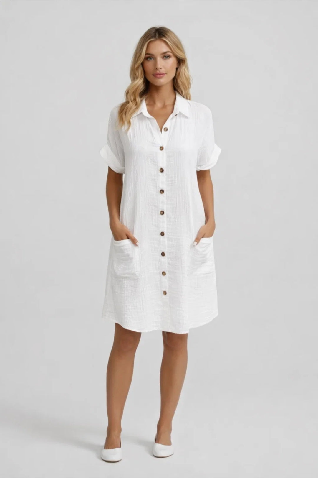 Midi Jurk Dames - Hemd Stijl met Knoopsluiting en Korte Mouwen