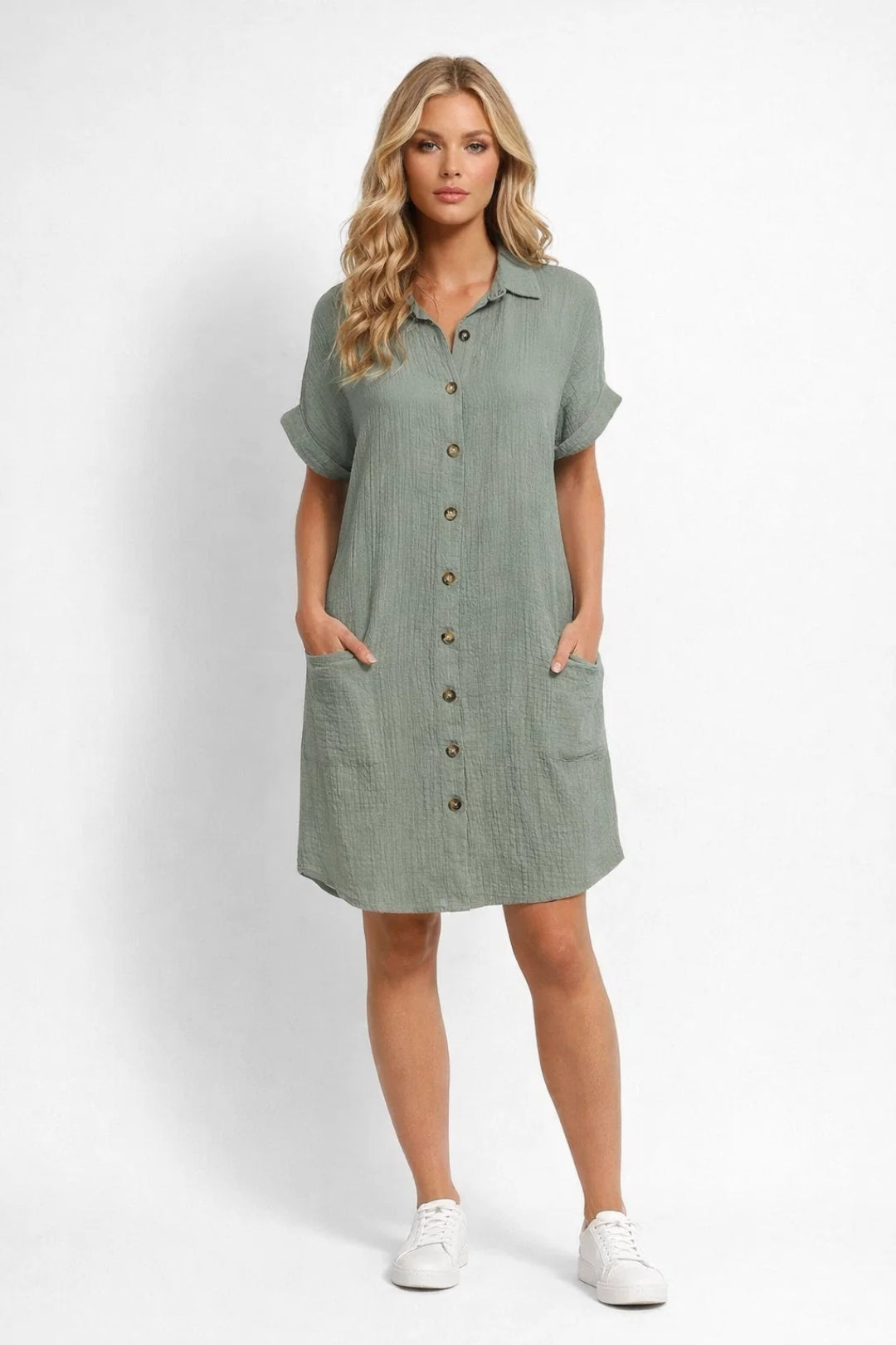 Midi Jurk Dames - Hemd Stijl met Knoopsluiting en Korte Mouwen